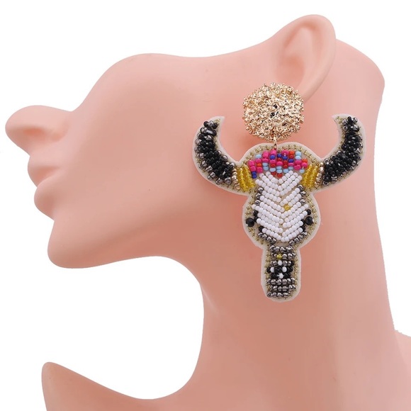 New Big Bull Head Colorful Beaded Dangle Earrings Gold Handmade Women’s Cowgirl - Picture 2 of 6
